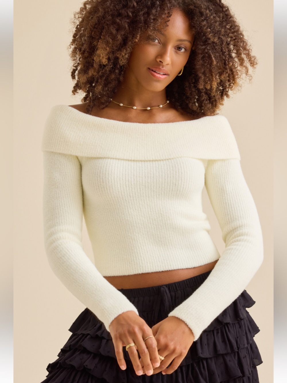 Altar'd State Ivory Off-the-Shoulder Ribbed Sweater